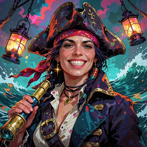 Uśmiechnięty kapitan pirat&oacute;w z lunetą na tle wzburzonego morza - ilustracja slot&oacute;w Hacksaw Gaming w Thrill