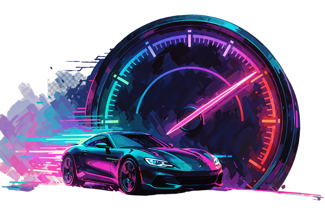 Neonowy prędkościomierz i futurystyczne auto w pędzie - ilustracja Weekly Race z pulą 75 000 USD w Thrill