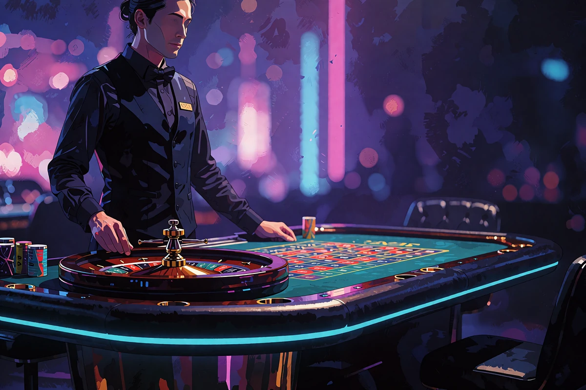 Krupier przy stole do ruletki w neonowym studiu - kasyno na żywo ze stołami Evolution i game shows w Thrill